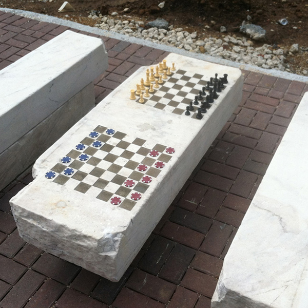 Barclay Chess Tables, reclaimed marble