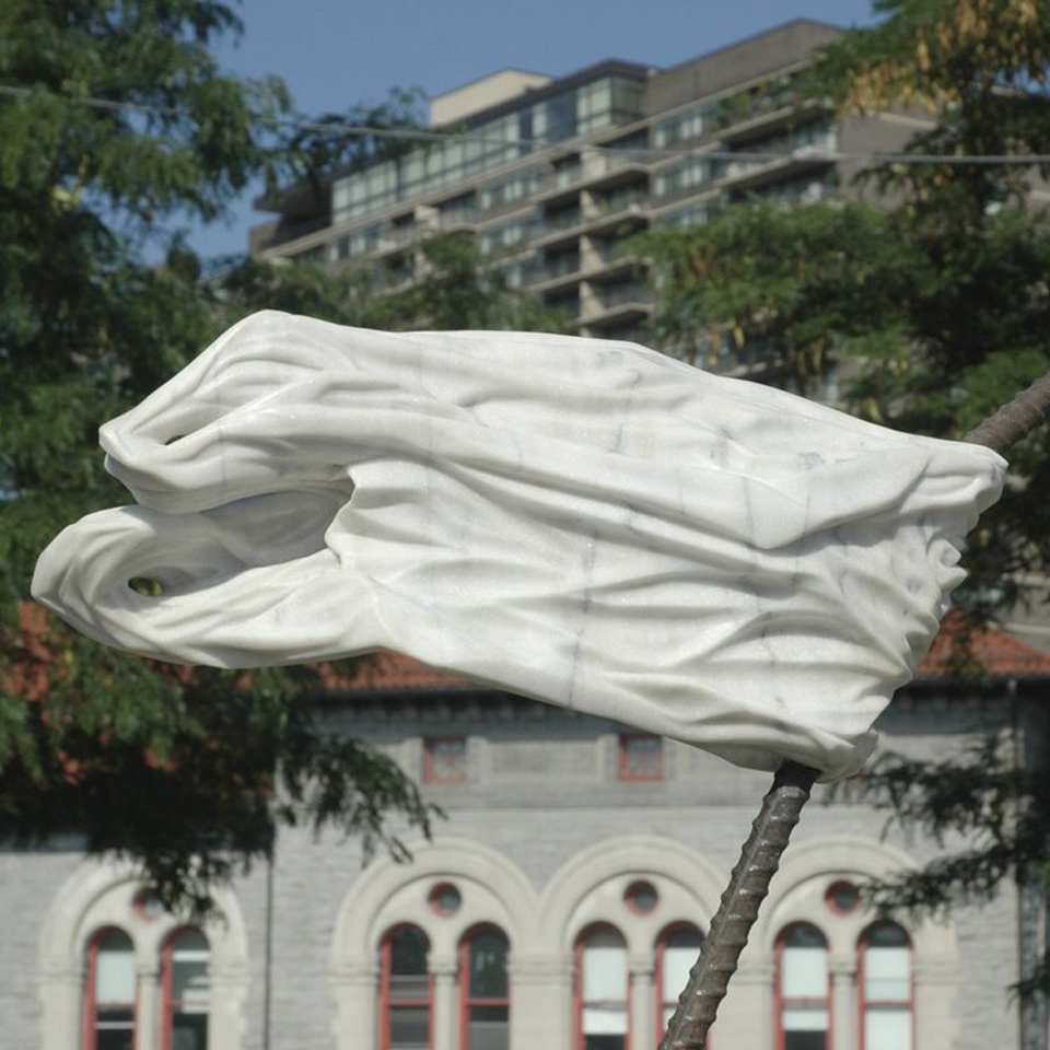 White Plastic Bag Memorial, marble, steel, concrete, 48 x 18 x 30 in